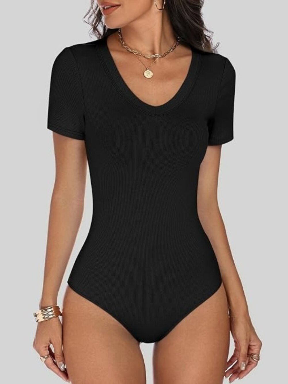 Calvin Klein Jeans Bodysuit Womens Size Medium Black Ribbed V-Neck Short Sleeve
